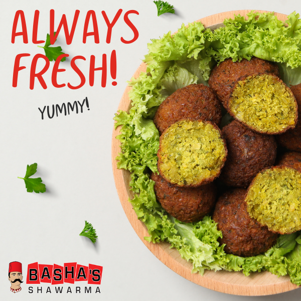 Bashas falafel on a plate with words around it