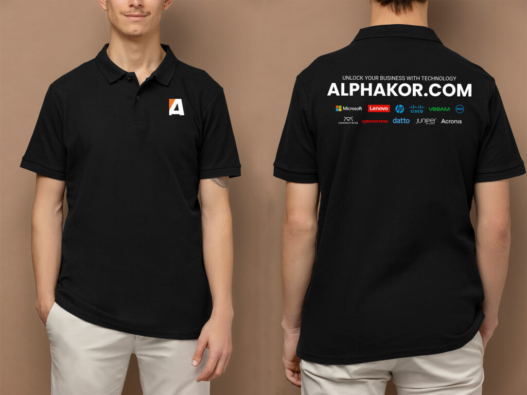 image showing male torso with alphakor shirt showing back and front