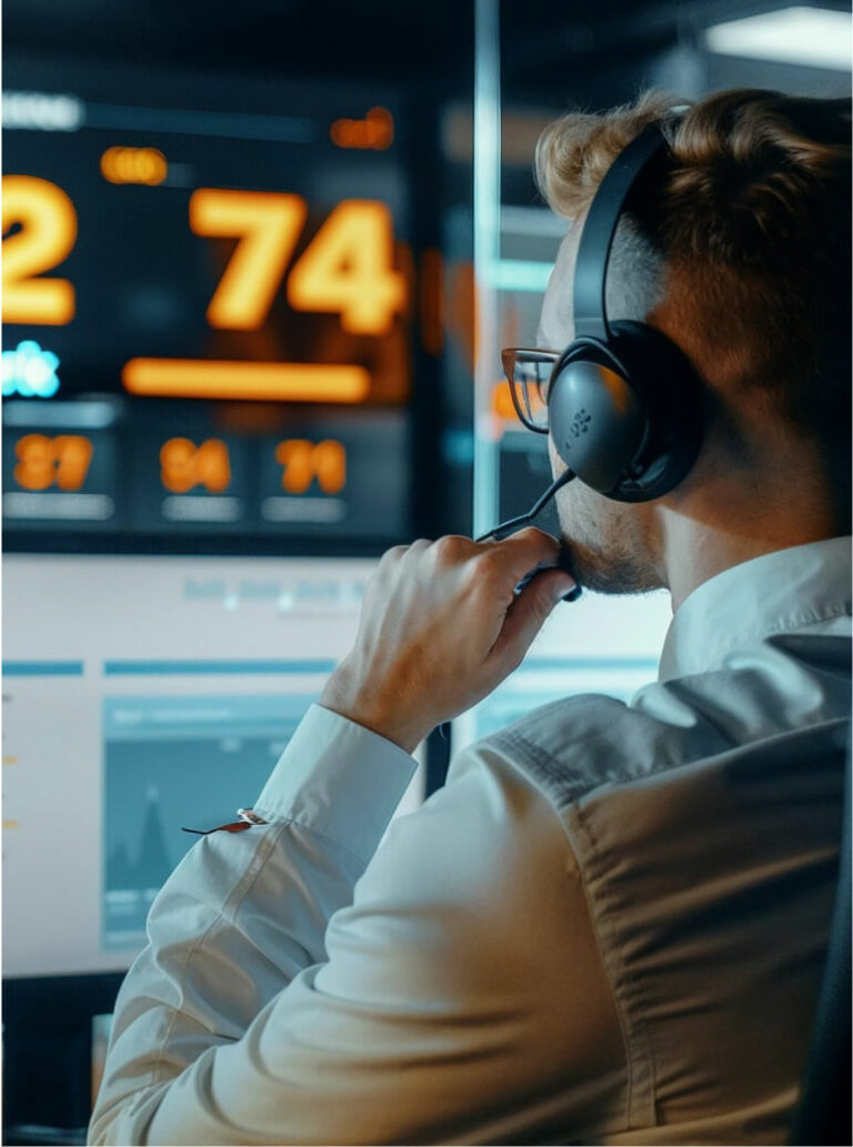 White male with headphones on in a tech support role