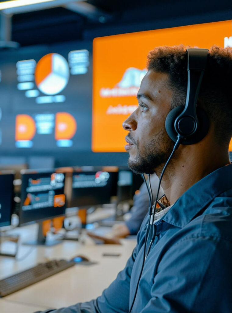 Image of a black male with headphones on in a tech support role